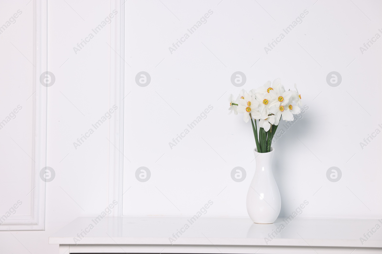 Beautiful daffodils in vase on cabinet near white wall at home. Space for text Photo of Beautiful daffodils in vase on cabinet near white wall at home. Space for text
