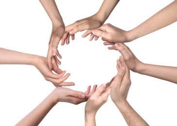 Image of People making circle with their hands on white background, closeup. Unity, partnership, cooperation