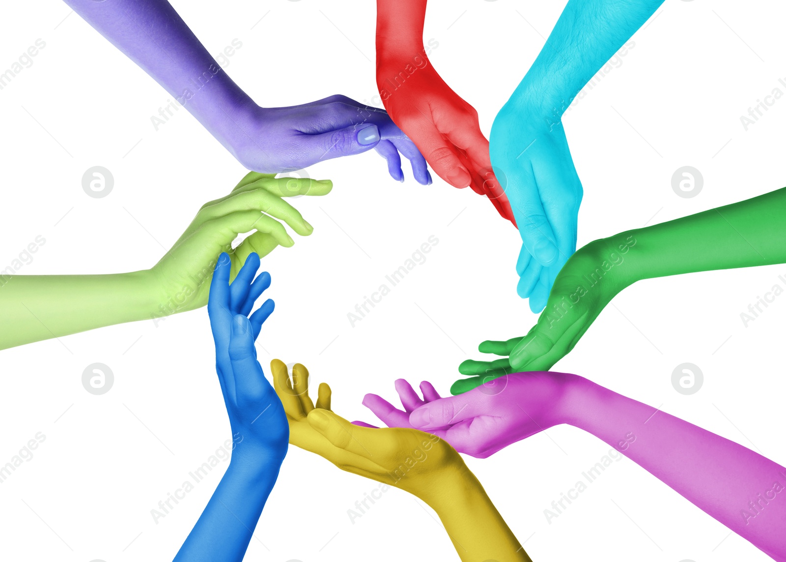 People making circle with their hands painted in different colors on white background, closeup. Unity, partnership, cooperation Image of People making circle with their hands painted in different colors on white background, closeup. Unity, partnership, cooperation