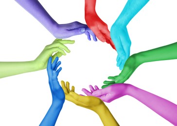 Image of People making circle with their hands painted in different colors on white background, closeup. Unity, partnership, cooperation