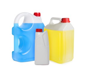 Image of Many different plastic containers on white background
