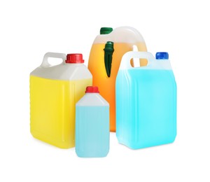 Image of Many different plastic containers on white background