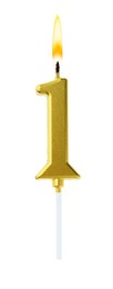 Image of Golden cake candle in shape of number 1 burning on white background. Festive decoration for birthday or other special date