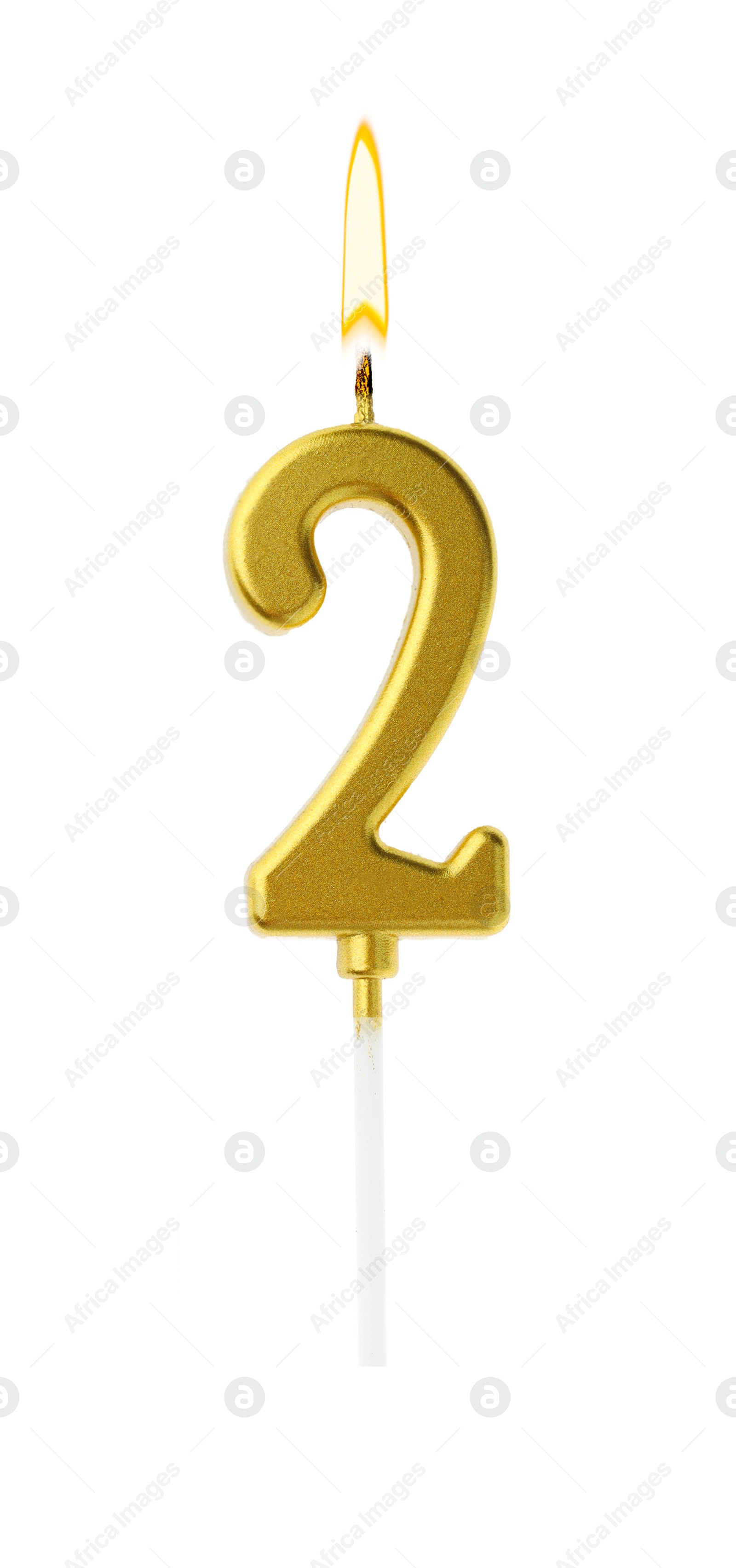 Golden cake candle in shape of number 2 burning on white background. Festive decoration for birthday or other special date Image of Golden cake candle in shape of number 2 burning on white background. Festive decoration for birthday or other special date