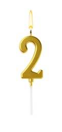Image of Golden cake candle in shape of number 2 burning on white background. Festive decoration for birthday or other special date