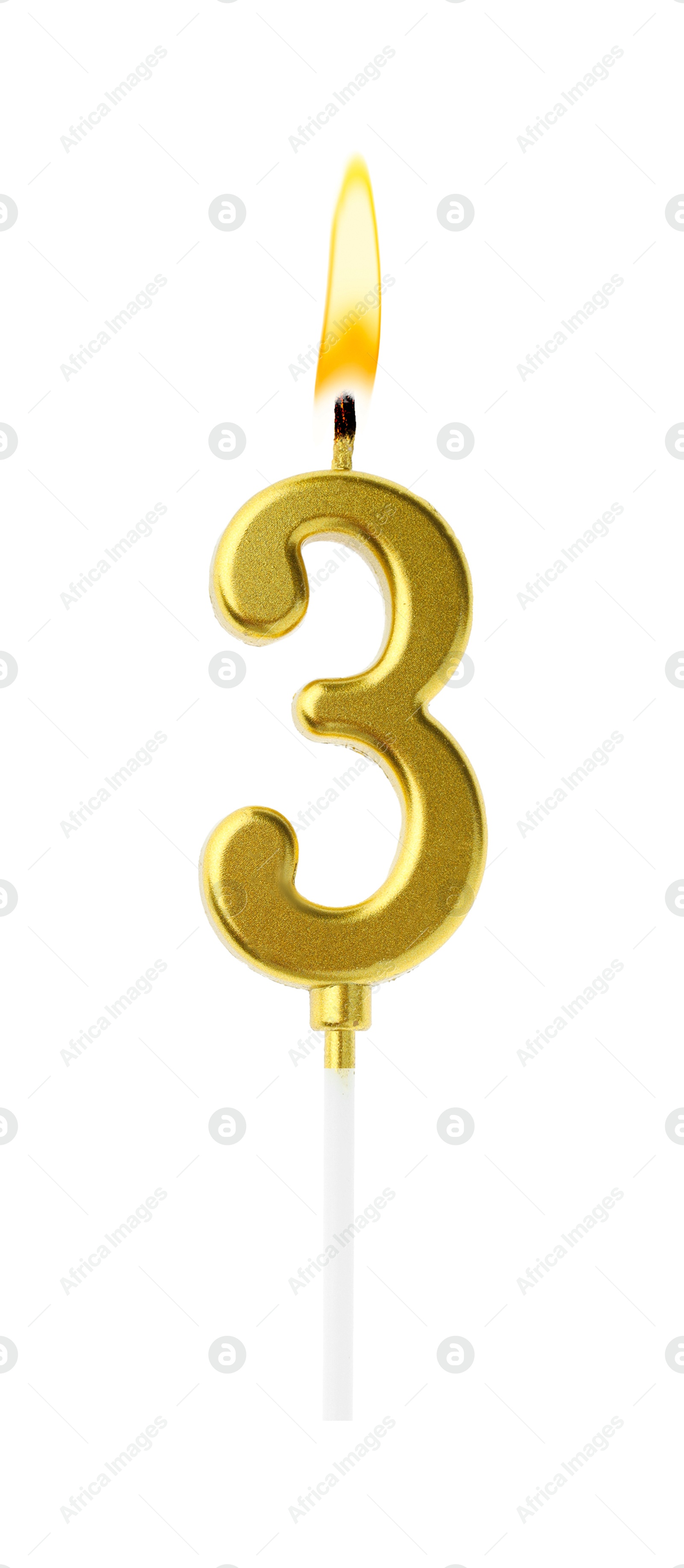Golden cake candle in shape of number 3 burning on white background. Festive decoration for birthday or other special date Image of Golden cake candle in shape of number 3 burning on white background. Festive decoration for birthday or other special date