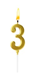 Image of Golden cake candle in shape of number 3 burning on white background. Festive decoration for birthday or other special date