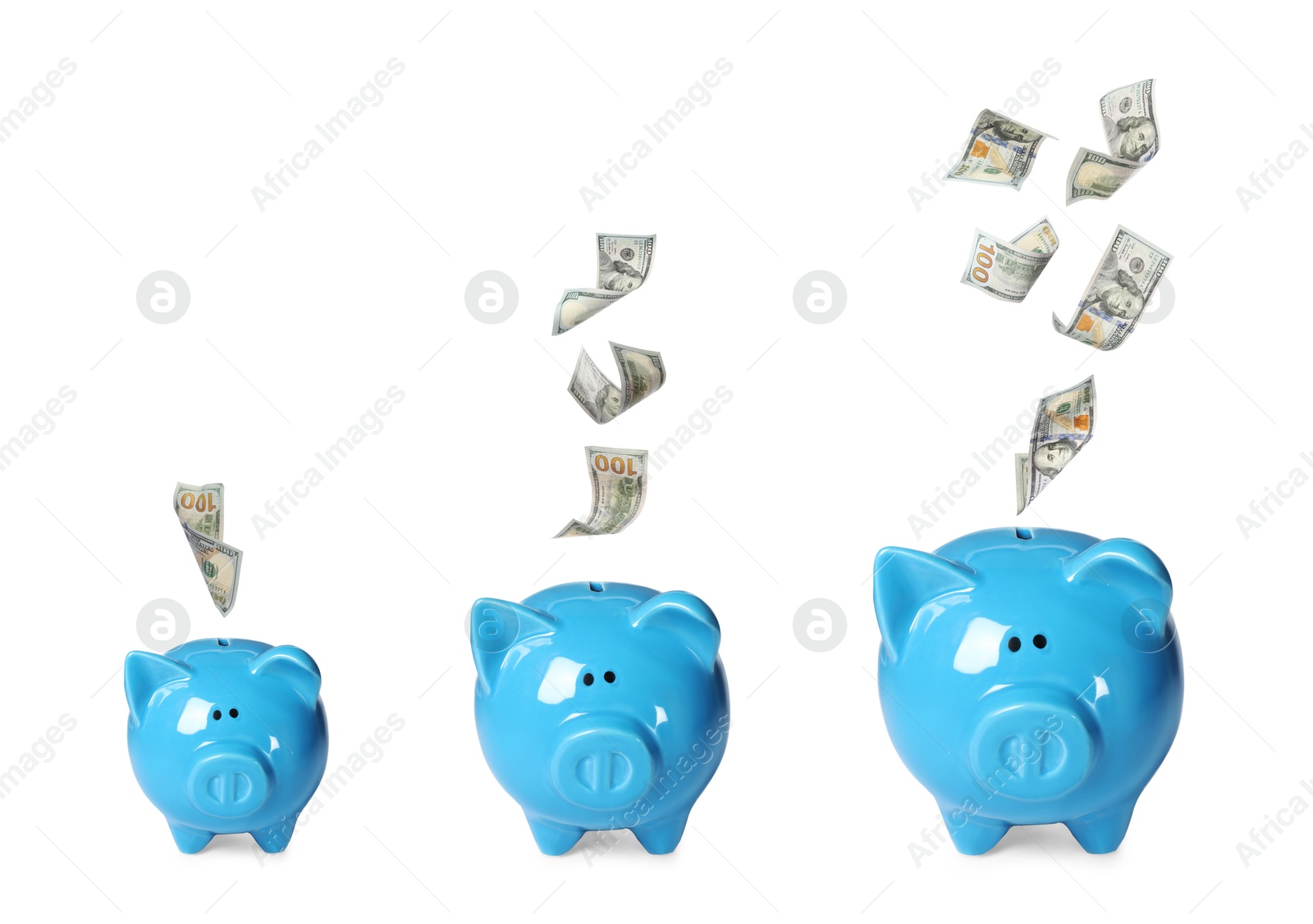 Dollar bills falling into piggy banks of different sizes on white background Image of Dollar bills falling into piggy banks of different sizes on white background