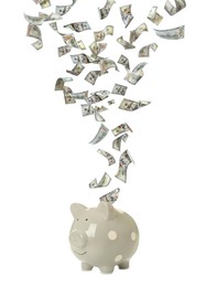 Image of Dollar bills falling into piggy bank on white background