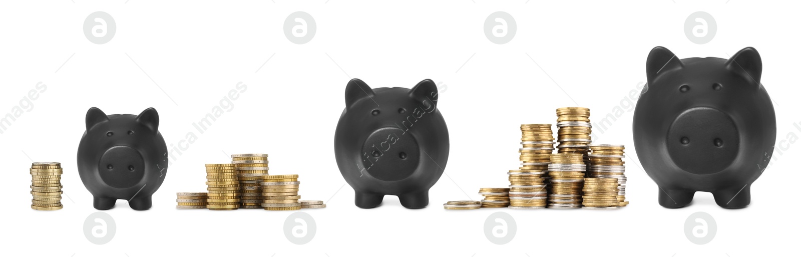 Piggy banks of different sizes and stacked coins on white background Image of Piggy banks of different sizes and stacked coins on white background