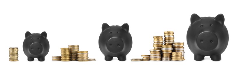 Image of Piggy banks of different sizes and stacked coins on white background