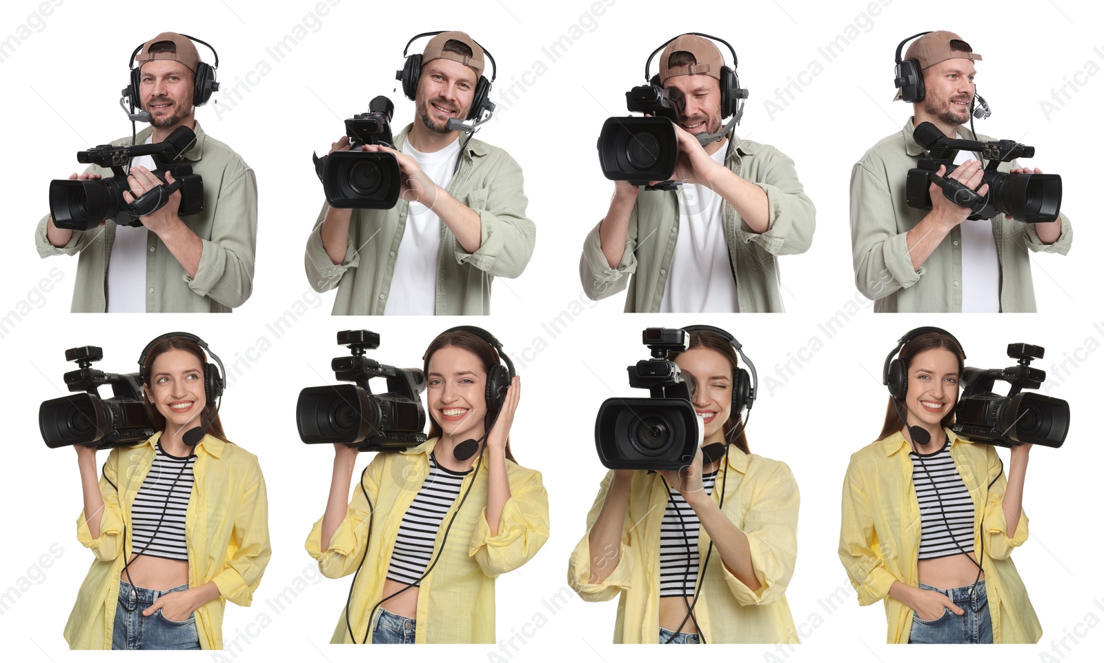Videographers in headsets with video cameras on white background, collage. Professional equipment Image of Videographers in headsets with video cameras on white background, collage. Professional equipment