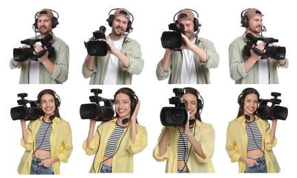 Image of Videographers in headsets with video cameras on white background, collage. Professional equipment