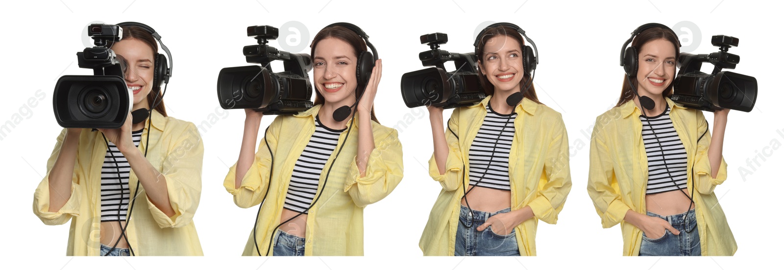 Videographer in headset with video camera on white background, collage. Professional equipment Image of Videographer in headset with video camera on white background, collage. Professional equipment