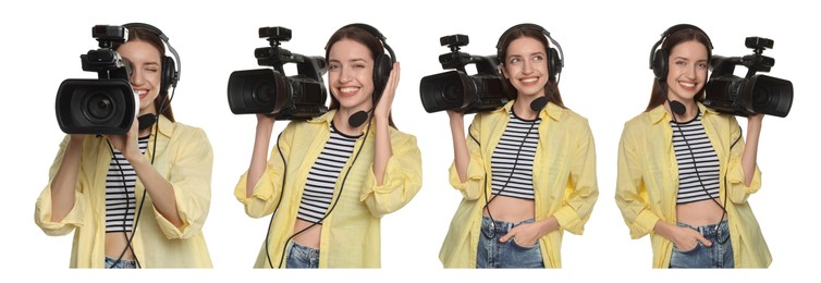 Image of Videographer in headset with video camera on white background, collage. Professional equipment