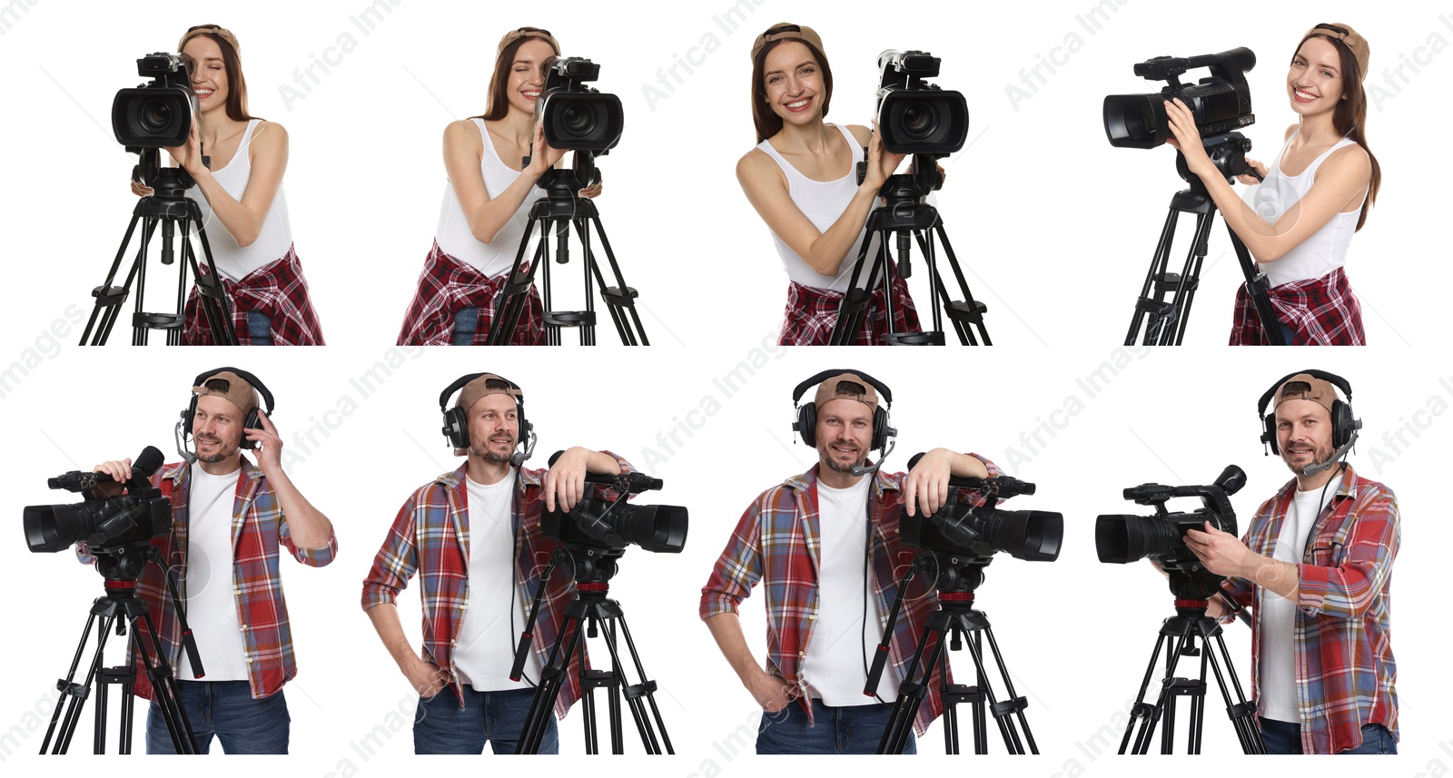Videographers with video cameras on white background, collage. Professional equipment Image of Videographers with video cameras on white background, collage. Professional equipment