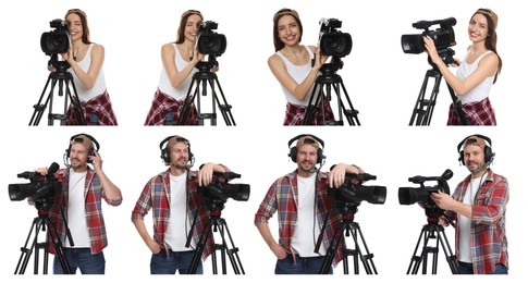 Image of Videographers with video cameras on white background, collage. Professional equipment
