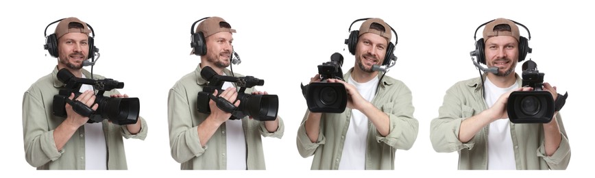 Image of Videographer in headset with video camera on white background, collage. Professional equipment