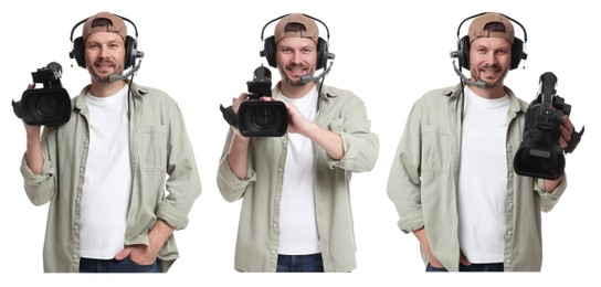 Image of Videographer in headset with video camera on white background, collage. Professional equipment