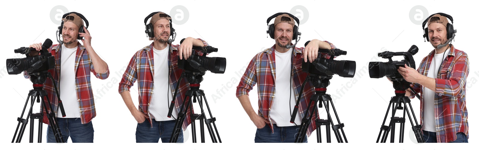 Videographer in headset with video camera on white background, collage. Professional equipment Image of Videographer in headset with video camera on white background, collage. Professional equipment