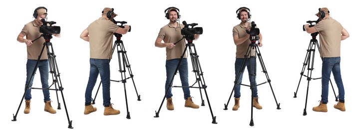 Image of Videographer in headset with video camera on white background, collage. Professional equipment
