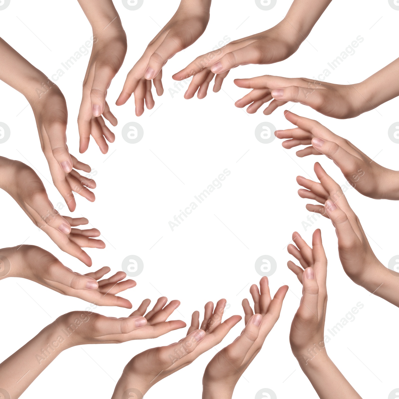 Making circle of human hands on white background. Unity, partnership, cooperation Image of Making circle of human hands on white background. Unity, partnership, cooperation