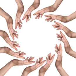 Image of Making circle of human hands on white background. Unity, partnership, cooperation