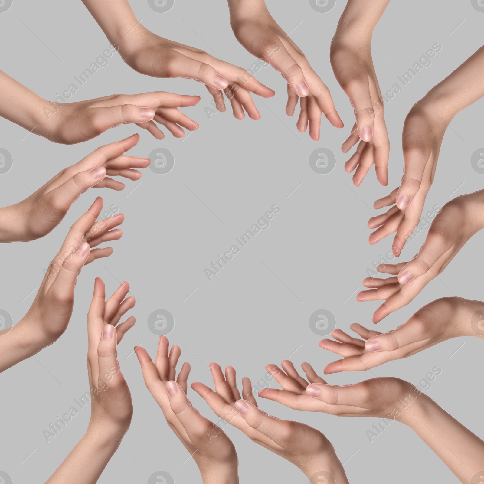 Making circle of human hands on grey background. Unity, partnership, cooperation Image of Making circle of human hands on grey background. Unity, partnership, cooperation