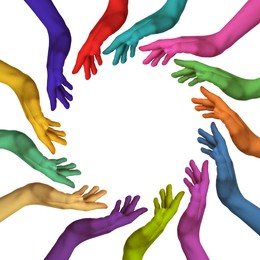 Image of Making circle of human hands painted in different colors on white background. Unity, partnership, cooperation