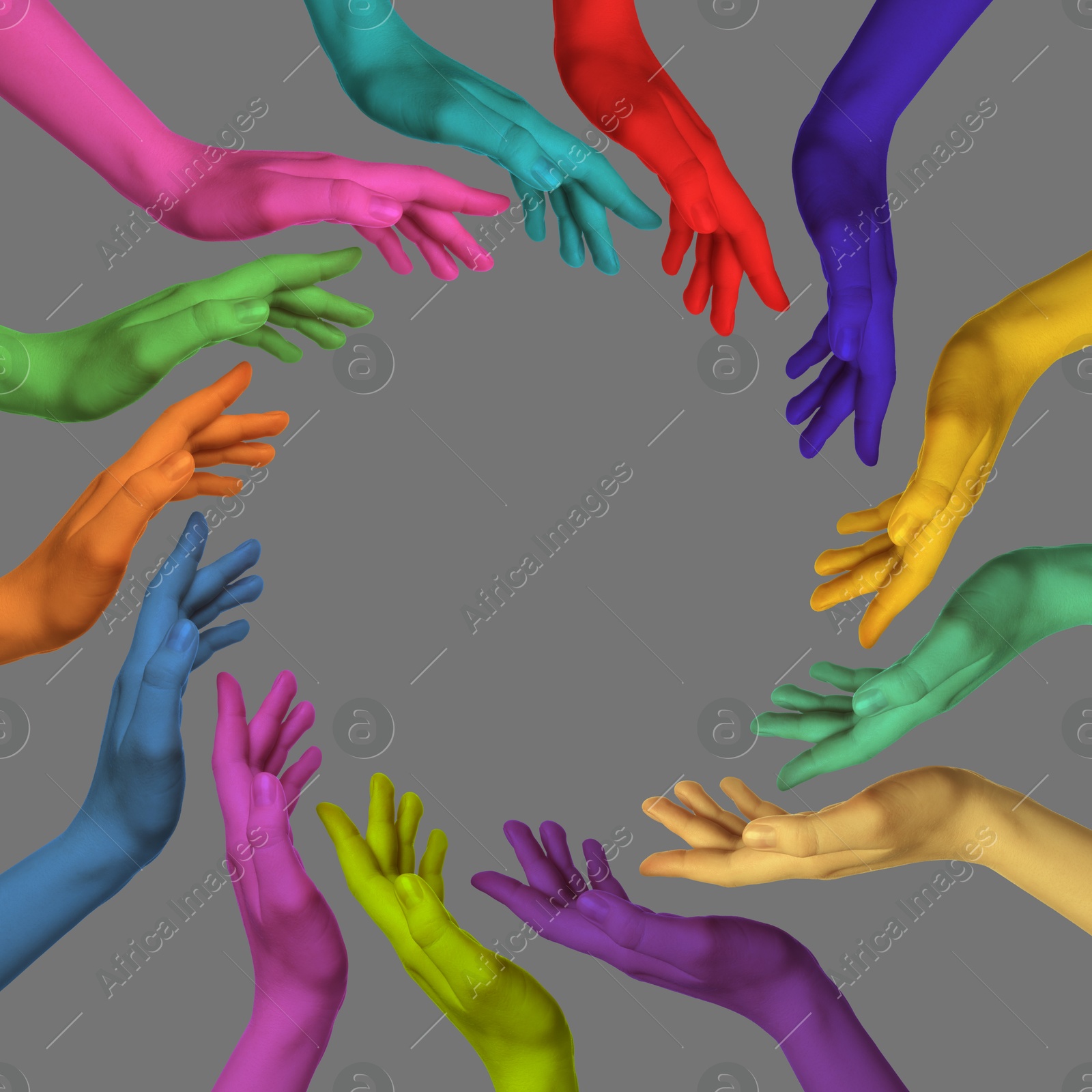 Making circle of human hands painted in different colors on grey background. Unity, partnership, cooperation Image of Making circle of human hands painted in different colors on grey background. Unity, partnership, cooperation