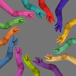 Image of Making circle of human hands painted in different colors on grey background. Unity, partnership, cooperation