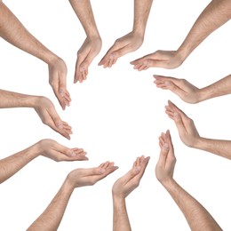 Image of Making circle of human hands on white background. Unity, partnership, cooperation