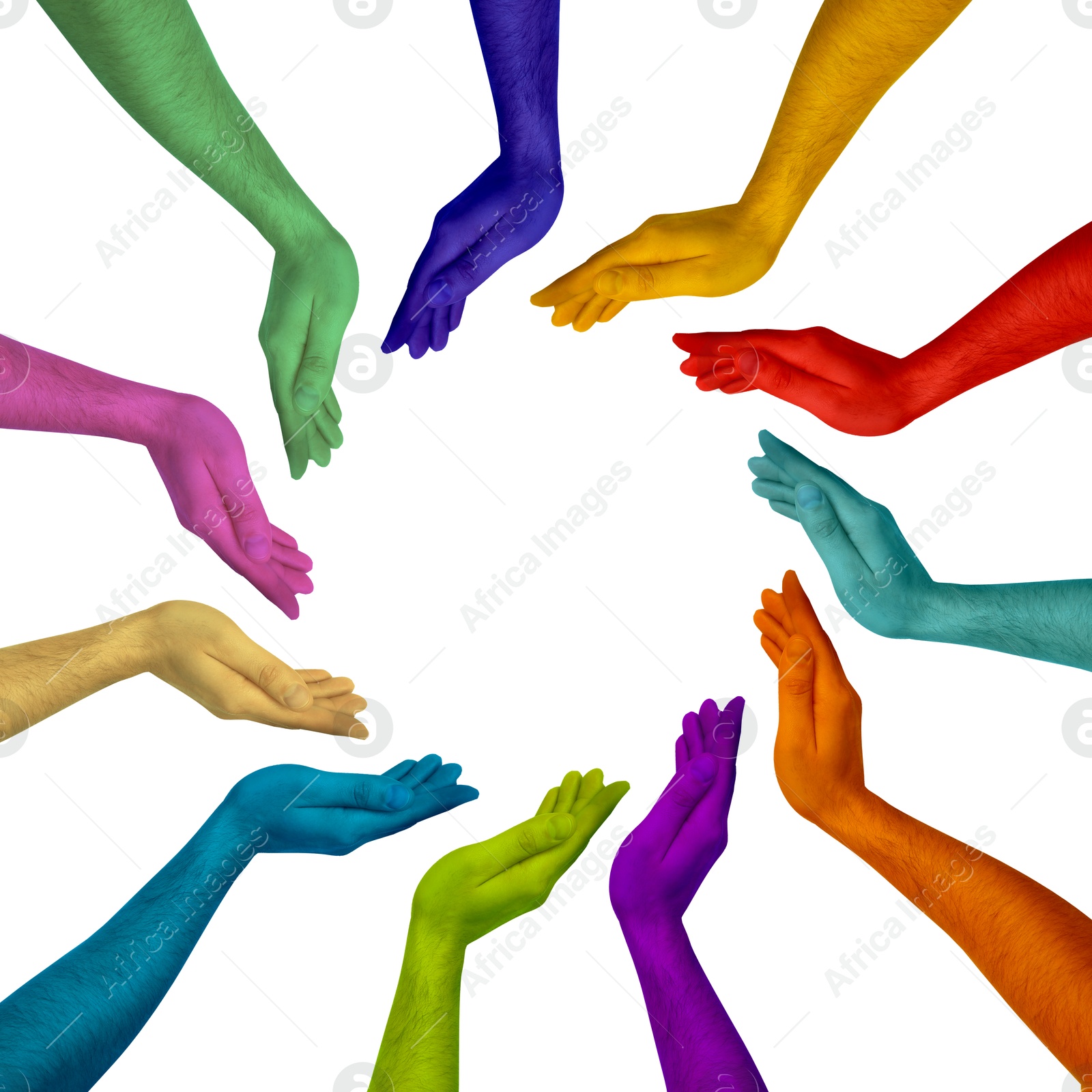 Making circle of human hands painted in different colors on white background. Unity, partnership, cooperation Image of Making circle of human hands painted in different colors on white background. Unity, partnership, cooperation