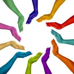 Image of Making circle of human hands painted in different colors on white background. Unity, partnership, cooperation