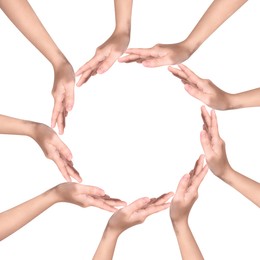 Image of Making circle of human hands on white background. Unity, partnership, cooperation