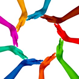 Image of Making circle of human hands painted in different colors on white background. Unity, partnership, cooperation