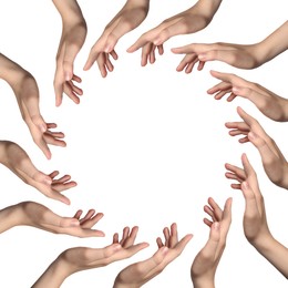 Image of Making circle of human hands on white background. Unity, partnership, cooperation