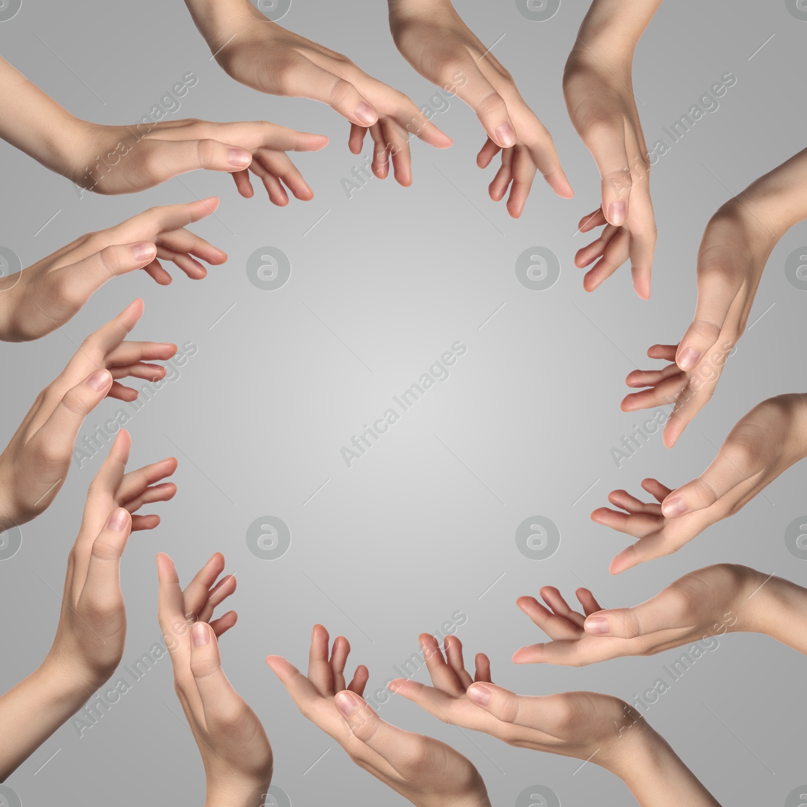Making circle of human hands on grey background. Unity, partnership, cooperation Image of Making circle of human hands on grey background. Unity, partnership, cooperation