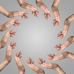 Image of Making circle of human hands on grey background. Unity, partnership, cooperation