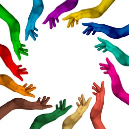 Image of Making circle of human hands painted in different colors on white background. Unity, partnership, cooperation