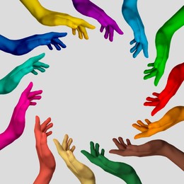 Image of Making circle of human hands painted in different colors on grey background. Unity, partnership, cooperation