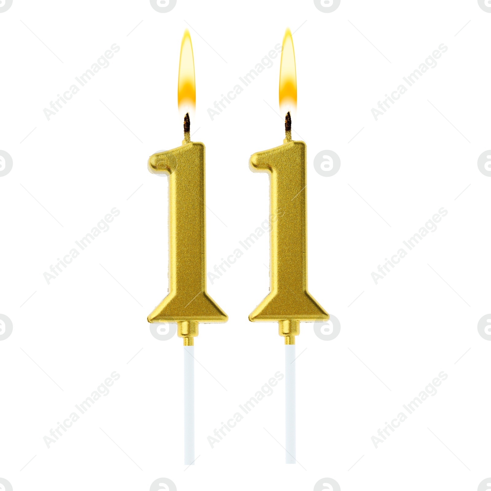 Burning golden cake candles composing number 11 on white background. Festive decoration for birthday or other special date Image of Burning golden cake candles composing number 11 on white background. Festive decoration for birthday or other special date