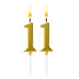 Image of Burning golden cake candles composing number 11 on white background. Festive decoration for birthday or other special date