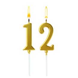 Image of Burning golden cake candles composing number 12 on white background. Festive decoration for birthday or other special date