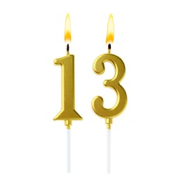 Image of Burning golden cake candles composing number 13 on white background. Festive decoration for birthday or other special date
