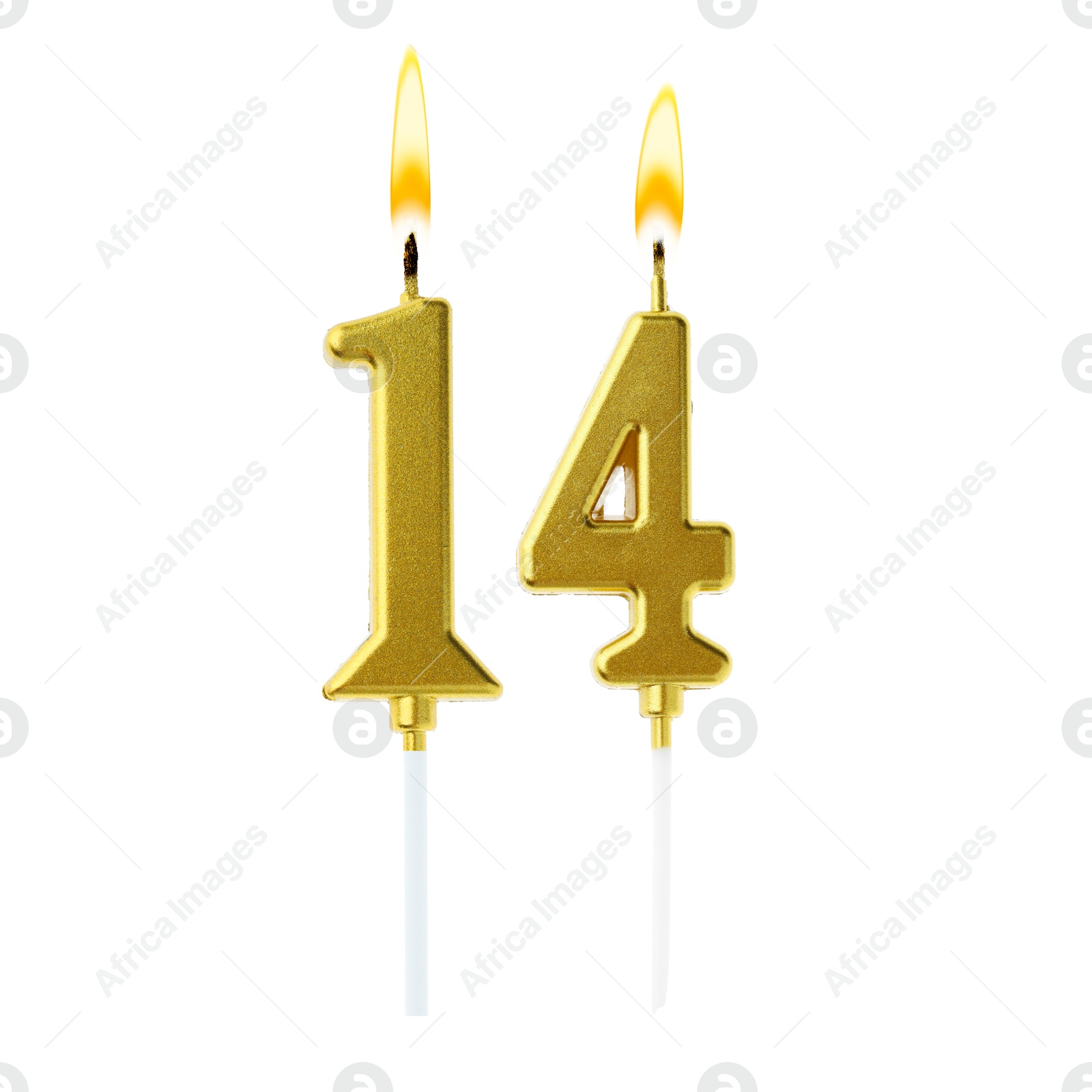 Burning golden cake candles composing number 14 on white background. Festive decoration for birthday or other special date Image of Burning golden cake candles composing number 14 on white background. Festive decoration for birthday or other special date