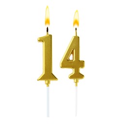 Image of Burning golden cake candles composing number 14 on white background. Festive decoration for birthday or other special date