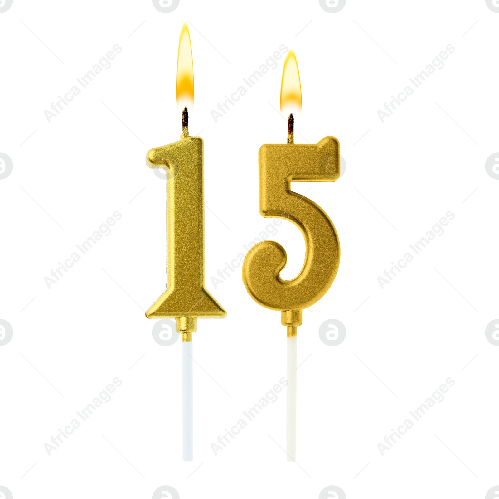 Burning golden cake candles composing number 15 on white background. Festive decoration for birthday or other special date Image of Burning golden cake candles composing number 15 on white background. Festive decoration for birthday or other special date