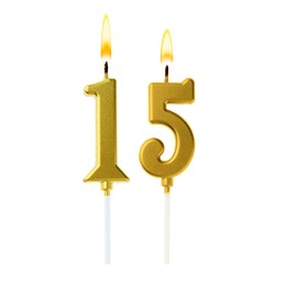 Image of Burning golden cake candles composing number 15 on white background. Festive decoration for birthday or other special date