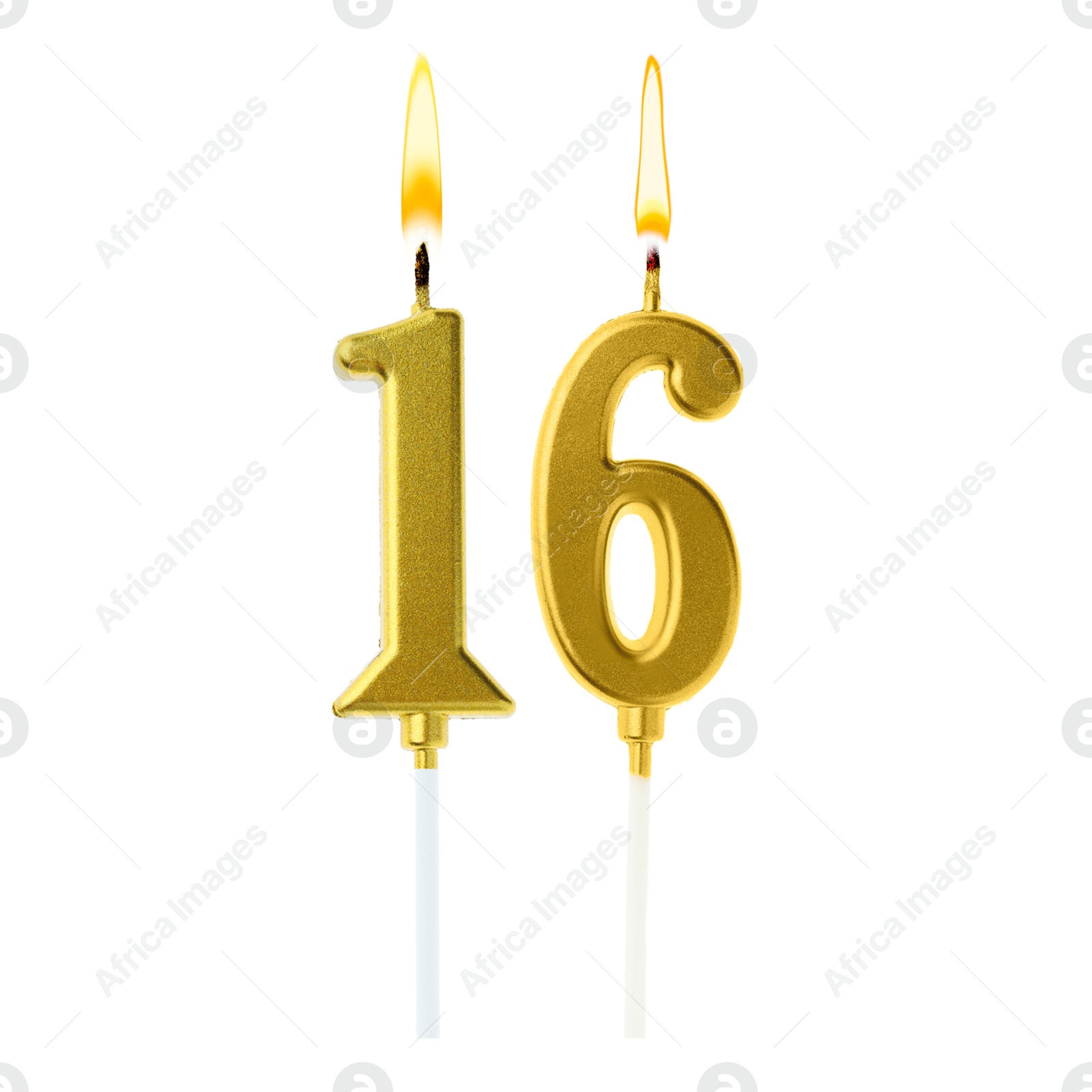 Burning golden cake candles composing number 16 on white background. Festive decoration for birthday or other special date Image of Burning golden cake candles composing number 16 on white background. Festive decoration for birthday or other special date